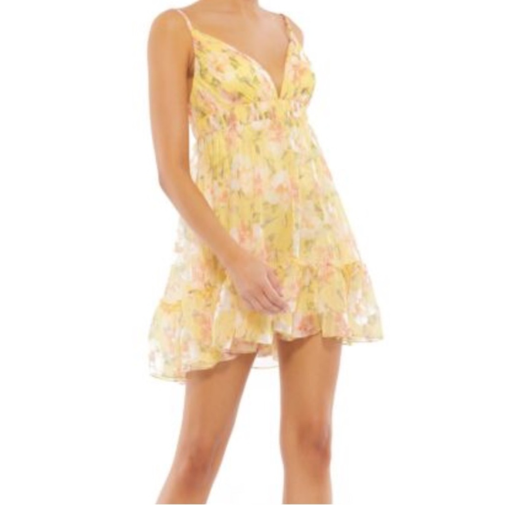 Mac Duggal Yellow Floral Mini Dress